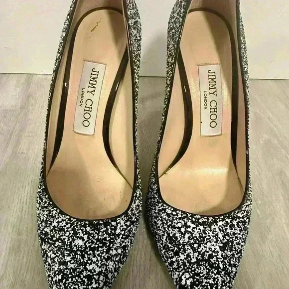 Jimmy Choo Monochrome Coarse Glitter Fabric Romy Pointed Toe Pumps Size 36 - Picture 2 of 12